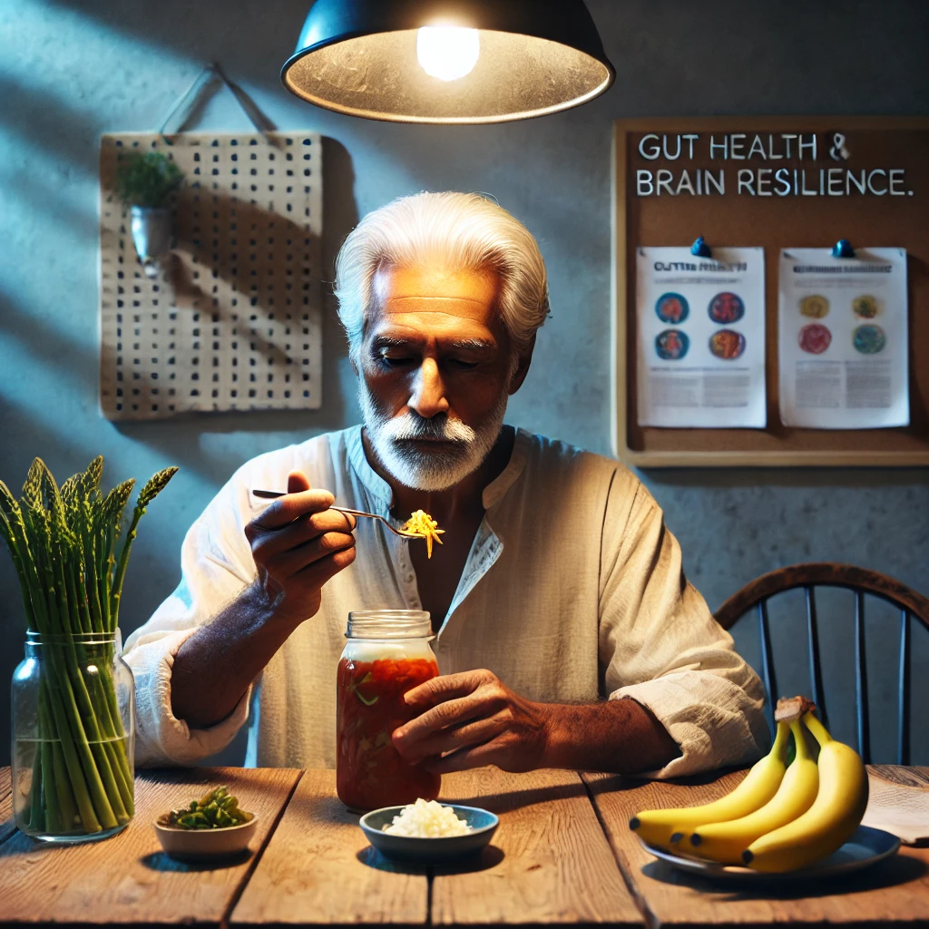 A senior man enjoys fermented and prebiotic-rich foods at home, highlighting the connection between gut health and improved cognitive function.