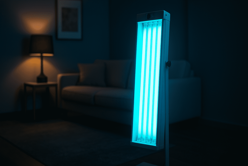 A narrowband UVB phototherapy lamp emits a vivid blue glow across a dimly lit room, its light contrasting with a beige sofa, wooden side table, and a softly glowing black lamp. The moody, high-contrast ambiance evokes the therapeutic precision of ultraviolet B light, reinforcing its role in home-based health optimization and immune-supportive treatment environments.