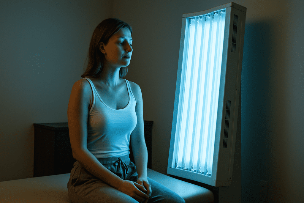 A woman sits quietly on a beige examination table in a clinical setting, her face illuminated by the cool blue light of a nearby narrowband UVB phototherapy panel. The minimalist room, with neutral tones and soft directional lighting, highlights the therapeutic ambiance and reinforces the focus on ultraviolet B light as a targeted treatment for skin and immune health.