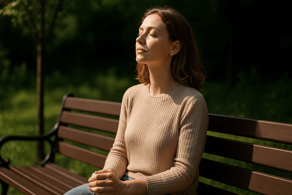 A young woman with light brown wavy hair sits in quiet reflection on a wooden bench in a sunlit park, surrounded by soft greenery. The warm natural morning light highlights her peaceful expression, visually symbolizing the benefits of UVB light exposure for emotional balance and immune support, reinforcing the theme of ultraviolet B phototherapy and human optimization.