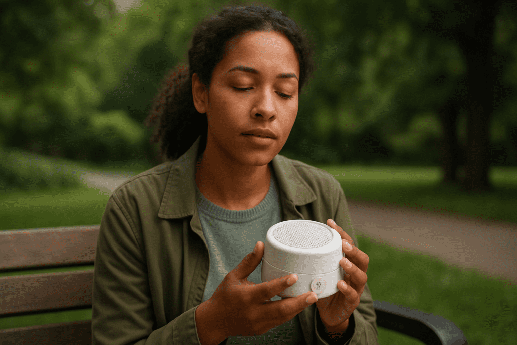 A young African American woman sits calmly on a park bench, gently holding a compact white noise machine in her hands. The warm outdoor lighting and tranquil setting underscore the use of portable sleep devices for rest and relaxation in natural environments.