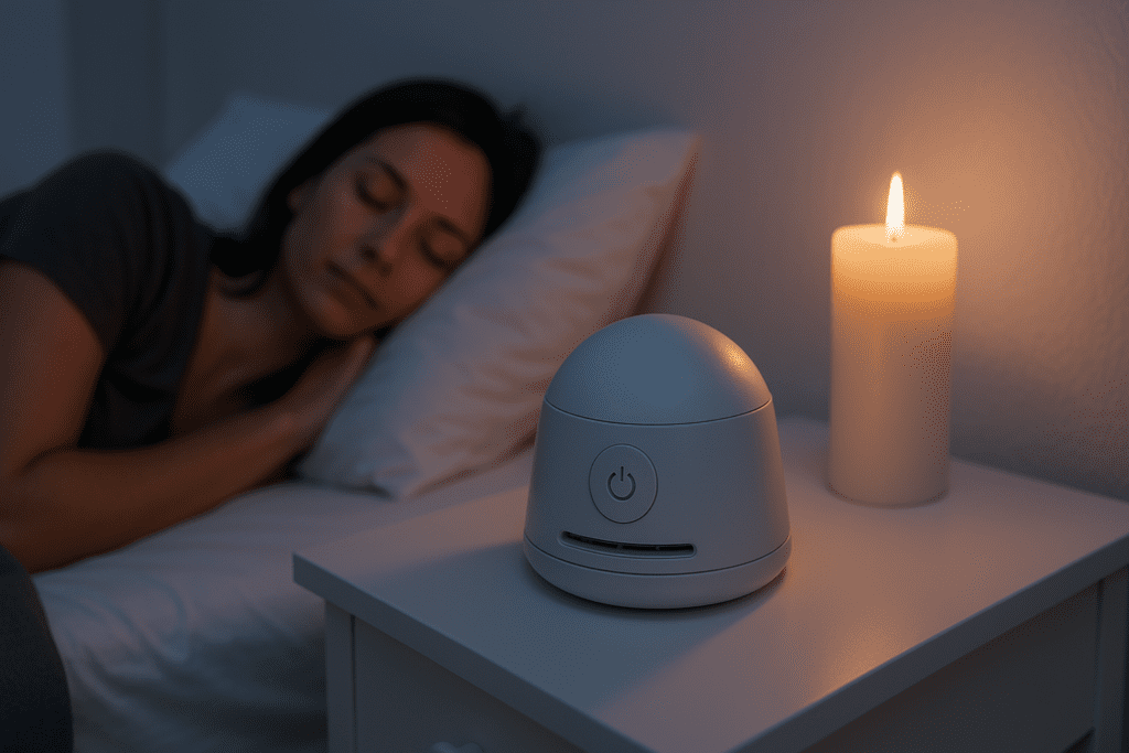 A cozy bedroom scene features a softly glowing white noise machine and a flickering candle on a bedside table, casting warm light over the space. In the background, a woman sleeps calmly, representing the soothing effect of electronic devices designed for insomnia and sleep enhancement.