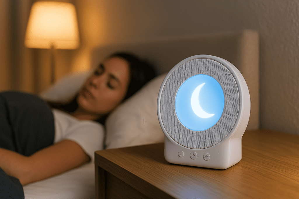 A white, circular electronic sleep aid with a blue crescent light glows softly on a wooden nightstand, while a woman sleeps quietly in the background. The tranquil scene highlights the practical role of sleep devices in supporting restful nights and recovery.