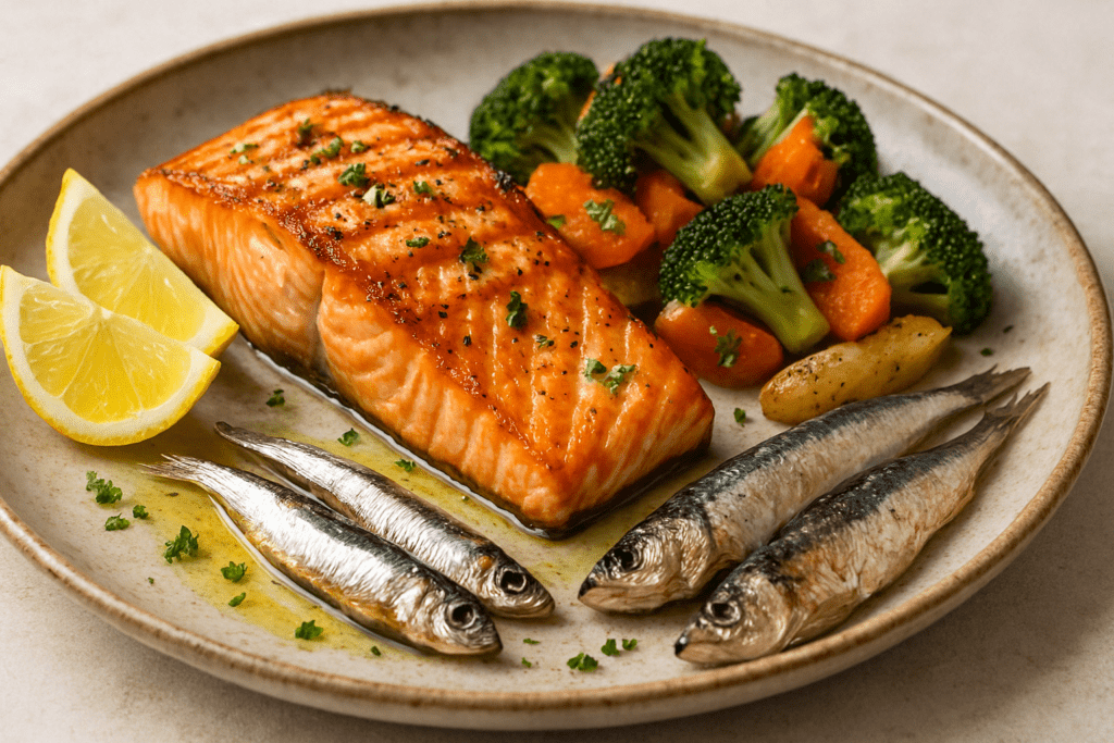 Grilled salmon with roasted vegetables, anchovies, and mackerel on a rustic plate, featured among the top 20 anti inflammatory foods.







