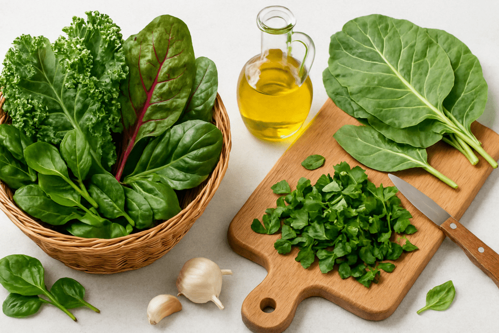 Fresh leafy greens like kale, spinach, Swiss chard, and collard greens with garlic and olive oil—key ingredients among the top 20 anti inflammatory foods.