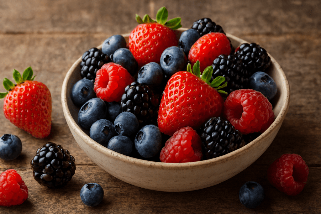 Bowl of fresh mixed berries including strawberries, blueberries, raspberries, and blackberries on a rustic table, representing top 20 anti inflammatory foods.








