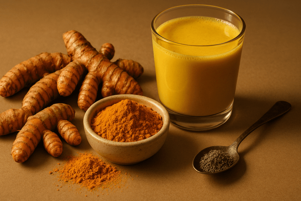 Fresh turmeric roots, ground turmeric, black pepper, and golden milk on a warm-toned surface—featured ingredients among the top 20 anti inflammatory foods.

