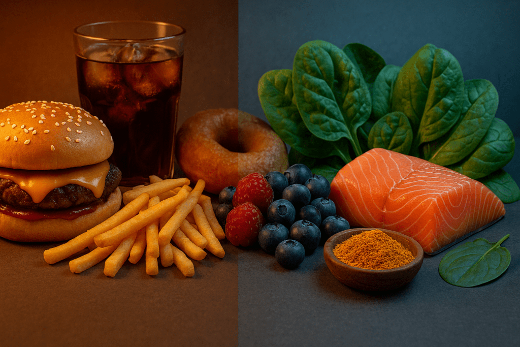 Split-screen comparison of inflammatory fast food and the top 20 anti inflammatory foods like salmon, leafy greens, berries, and turmeric.