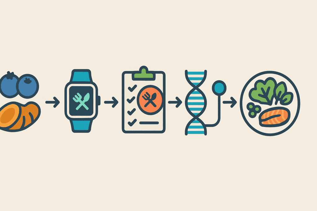 Futuristic infographic showing the evolution from top 20 anti inflammatory foods like berries and turmeric to wearable tech, DNA analysis, and personalized healthy meals