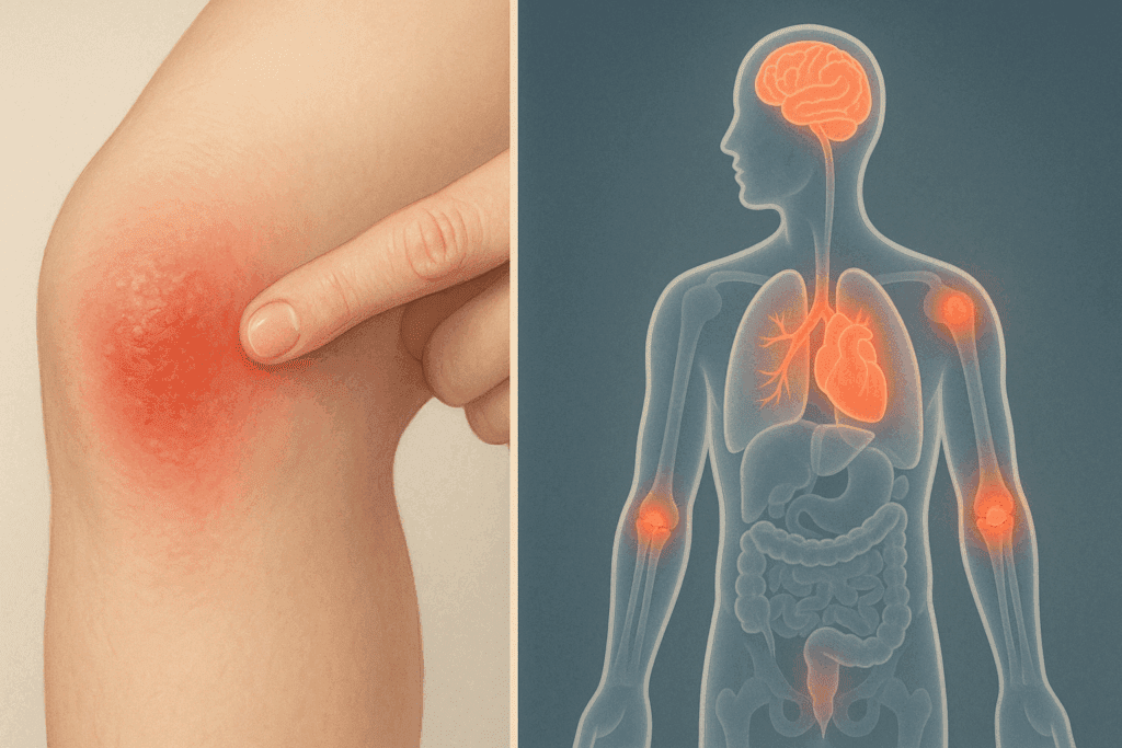 Split-screen medical illustration comparing acute inflammation in a red swollen knee to chronic internal inflammation, supporting the topic are bananas anti inflammatory.








