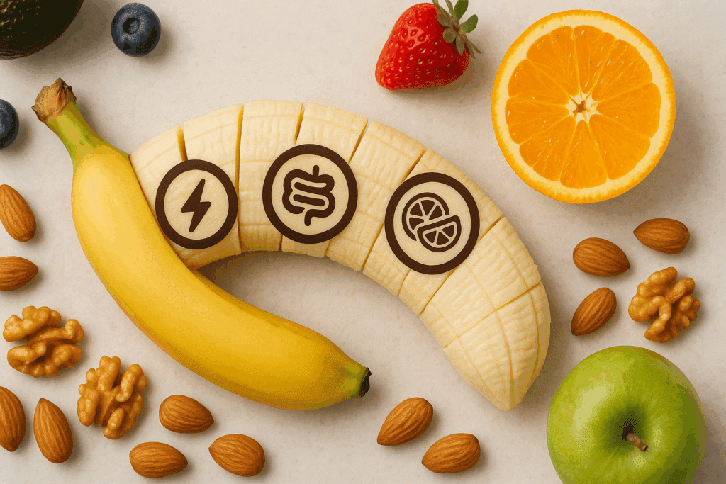 Top-down view of a sliced banana with icons representing potassium, fiber, and vitamin C, surrounded by nuts and fruit, illustrating the answer to are bananas anti inflammatory.








