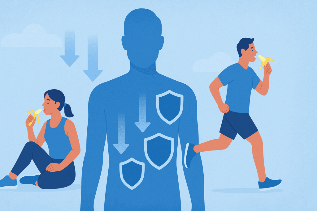 Human silhouette with shield icons and downward arrows symbolizing reduced inflammation, as active people eat bananas—suggesting are bananas anti inflammatory benefits.


