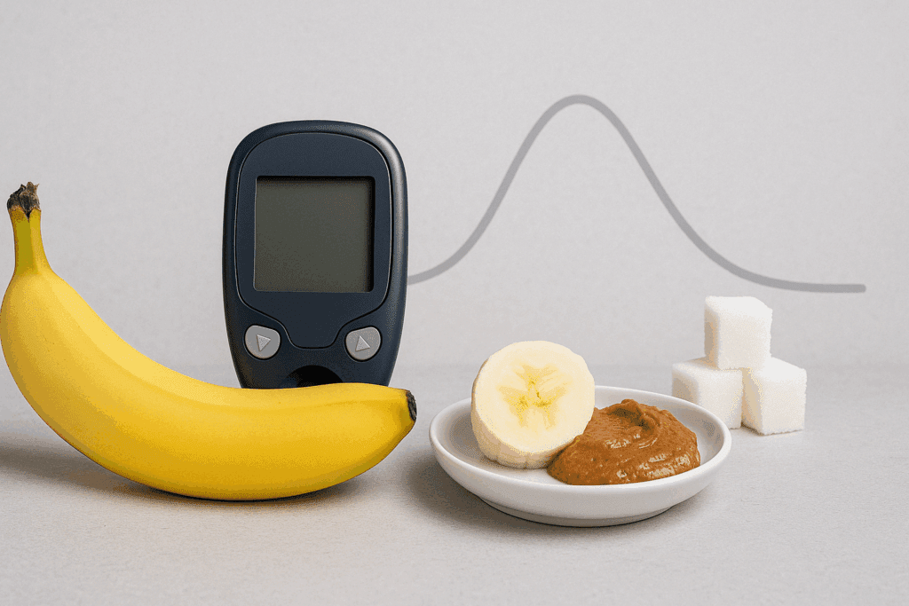 Banana with glucose meter and almond butter snack beside sugar cubes, illustrating blood sugar response in the context of are bananas anti inflammatory discussion.