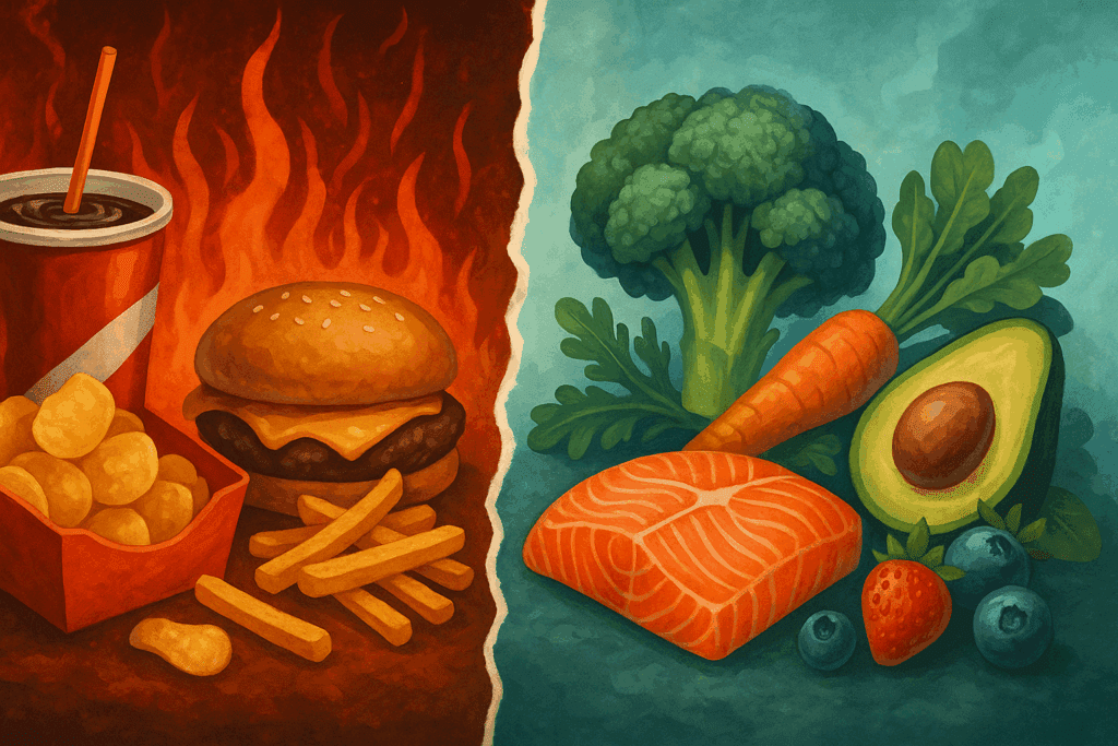 Split-screen illustration contrasting inflammatory foods with anti-inflammatory diet shopping list essentials like salmon, avocado, and berries.