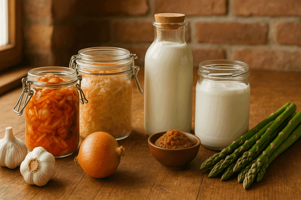 Rustic kitchen counter with kimchi, sauerkraut, kefir, yogurt, miso, and vegetables like garlic, onions, and asparagus as part of an anti inflammatory diet shopping list
