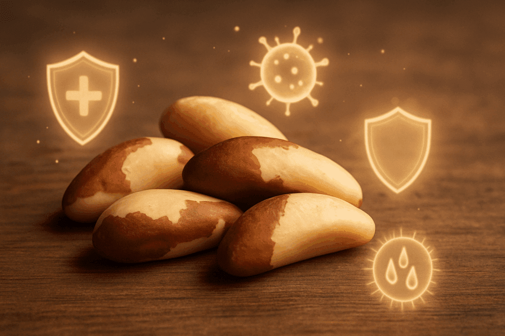 Handful of Brazil nuts on a wooden table with glowing immune support icons, representing anti inflammatory nuts for immune health.