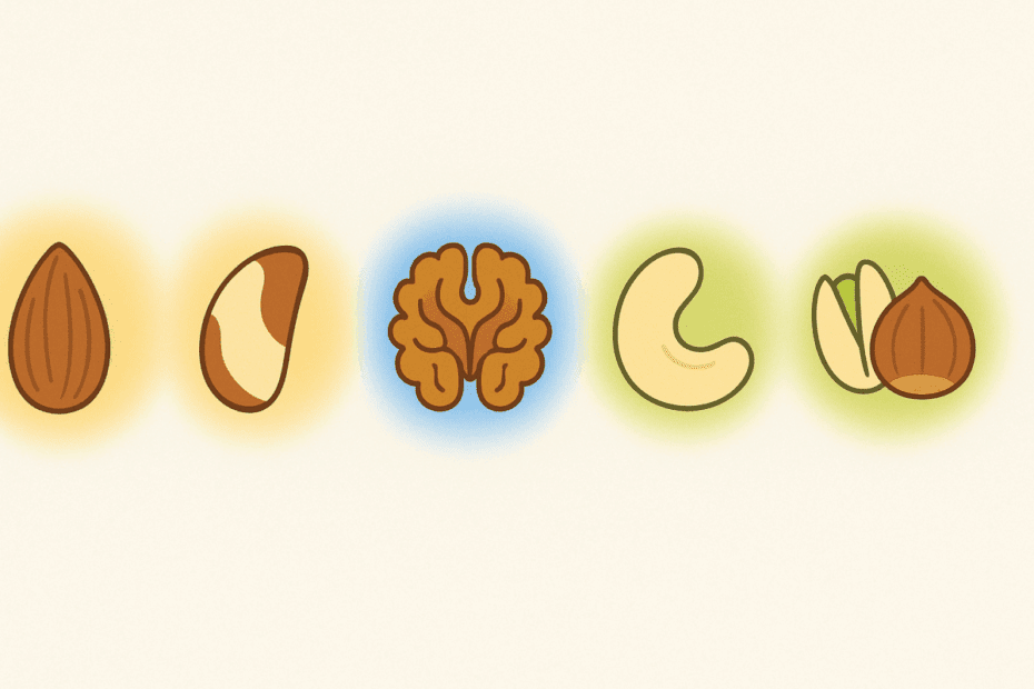 Top-down view of meal prep containers with anti inflammatory nuts, leafy salads, sliced bananas, and whole grains on a kitchen counter in natural light.

