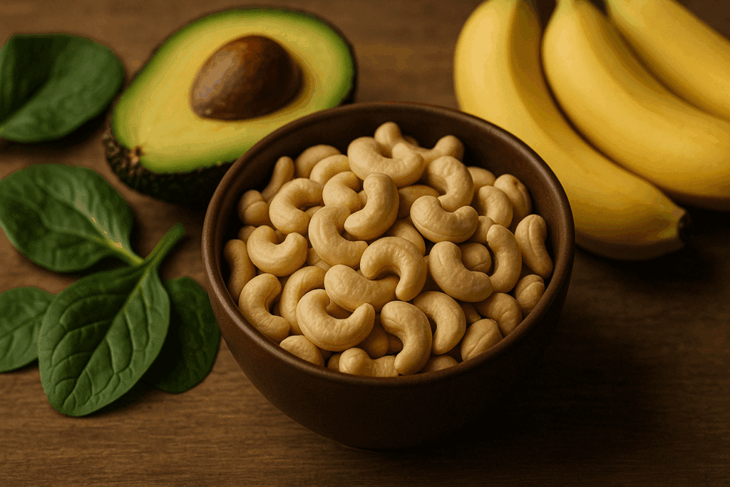 Ceramic bowl filled with anti inflammatory nuts like cashews, surrounded by spinach, avocado, and bananas on a wooden table.

