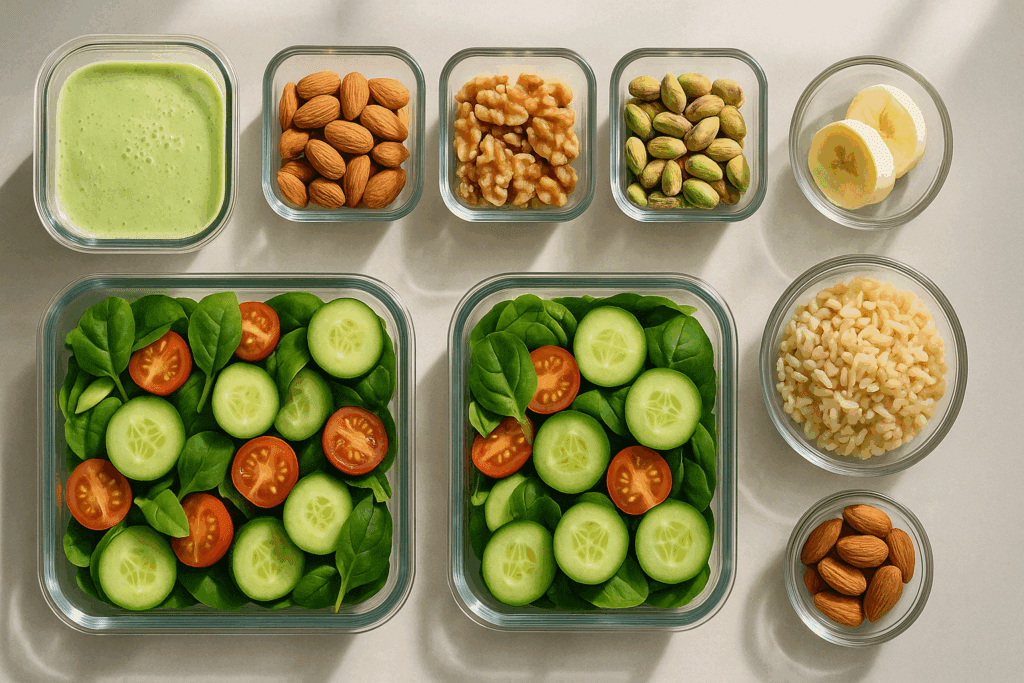 Top-down view of meal prep containers with anti inflammatory nuts, leafy salads, sliced bananas, and whole grains on a kitchen counter in natural light.

