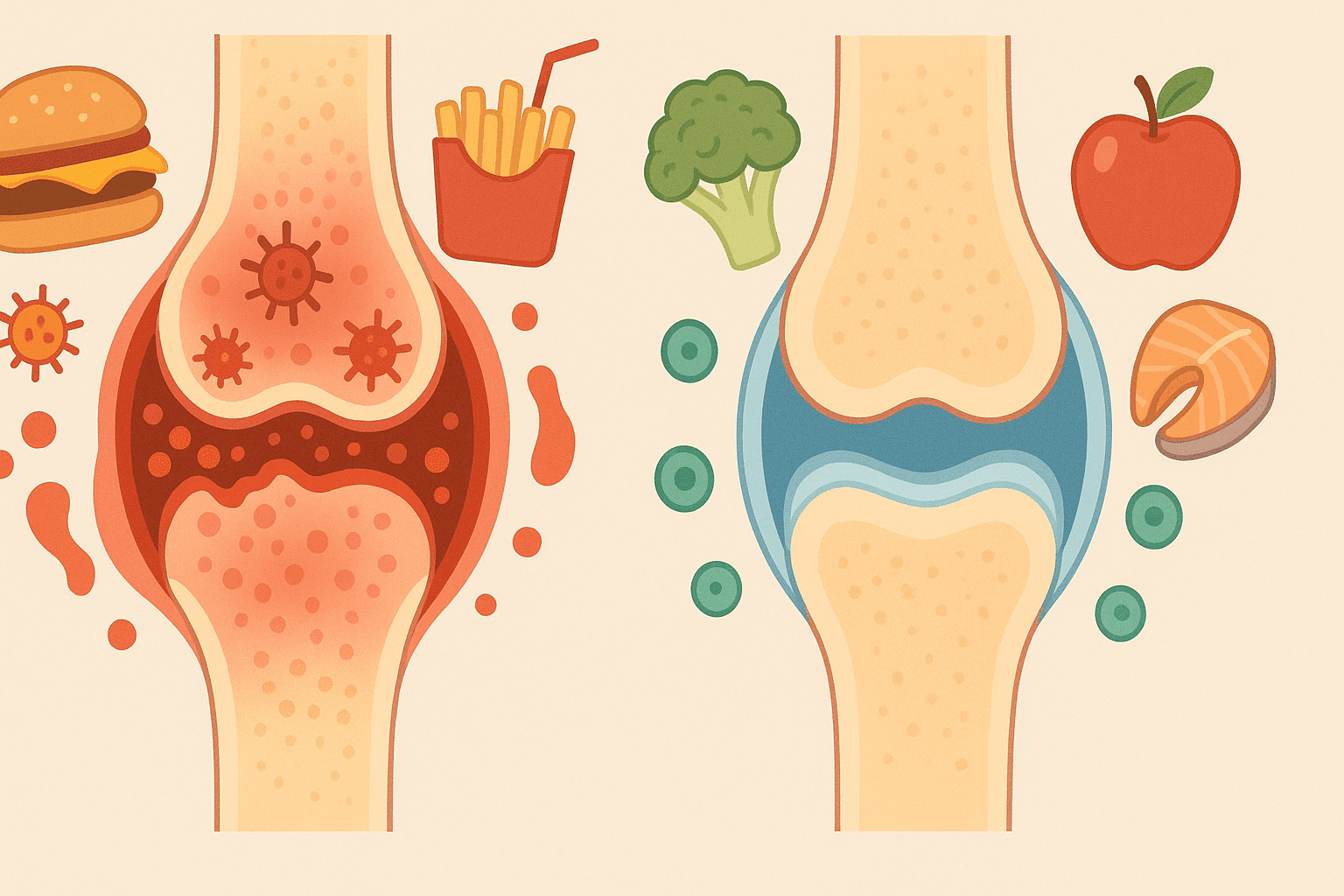 Infographic showing the effects of poor versus healthy eating on joint inflammation, illustrating the best diet for joint health