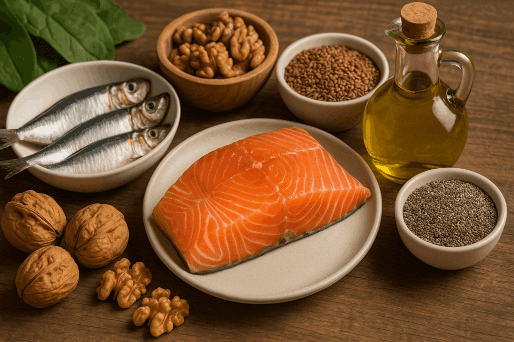 Wild-caught salmon, sardines, walnuts, flaxseeds, chia seeds, and olive oil arranged on a wooden table as part of the best diet for joint health.