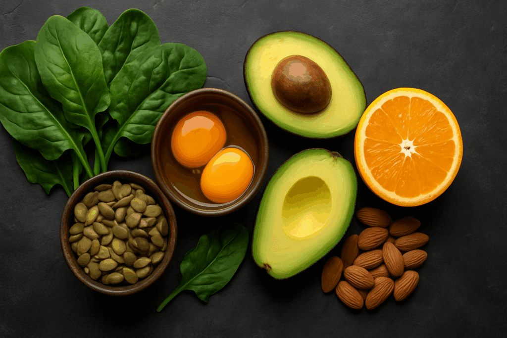 Wild-caught salmon, sardines, walnuts, flaxseeds, chia seeds, and olive oil arranged on a wooden table as part of the best diet for joint health.

