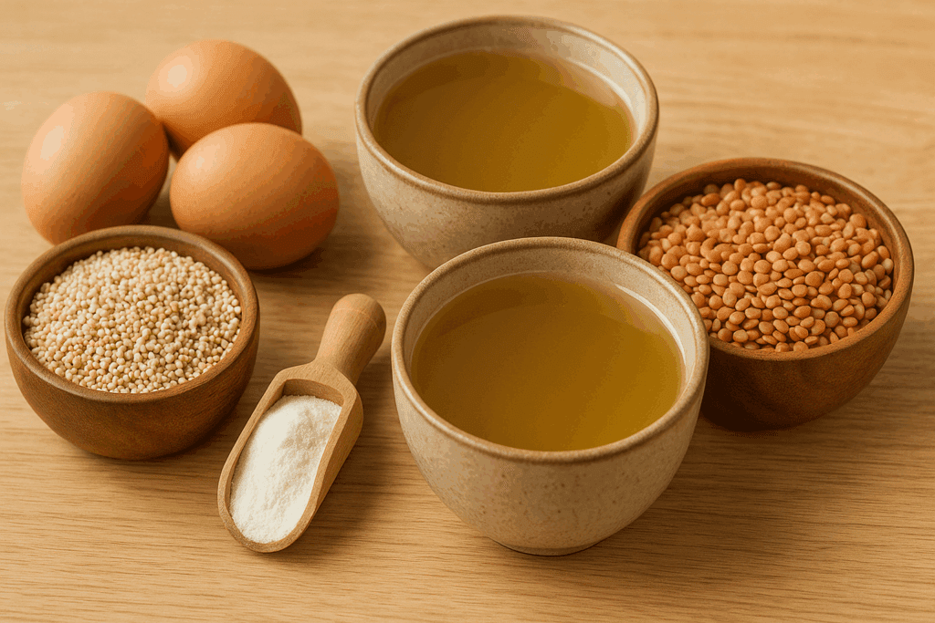 Bone broth, collagen powder, eggs, lentils, and quinoa on a wooden table representing the best diet for joint health