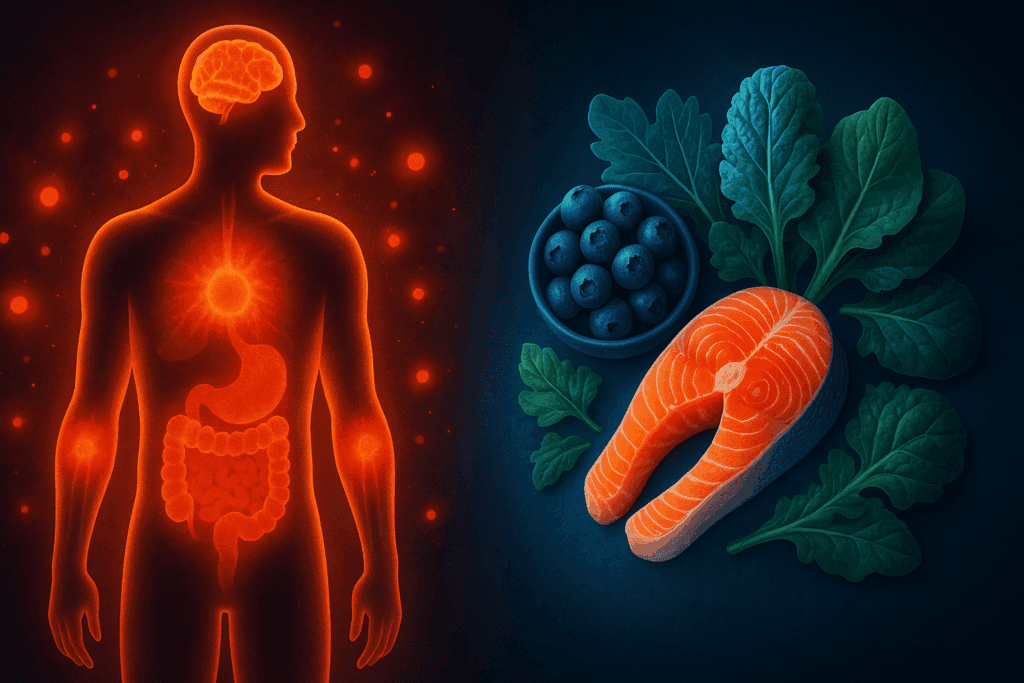Glowing human silhouette with inflamed brain, gut, and joints next to calming anti-inflammatory foods like leafy greens, salmon, and berries, illustrating the question are eggs inflammatory through visual dietary contrast.

