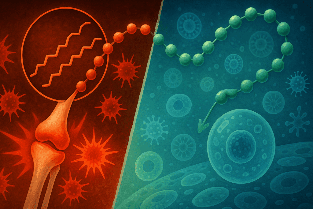 Split-screen illustration of fatty acid pathways showing cellular inflammation from arachidonic acid and anti-inflammatory effects of omega-3s, exploring the question are eggs inflammatory