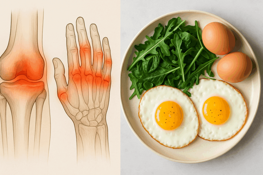 Medical illustration of inflamed knee and hand joints beside a plate of pasture-raised eggs and leafy greens, visually exploring are eggs inflammatory