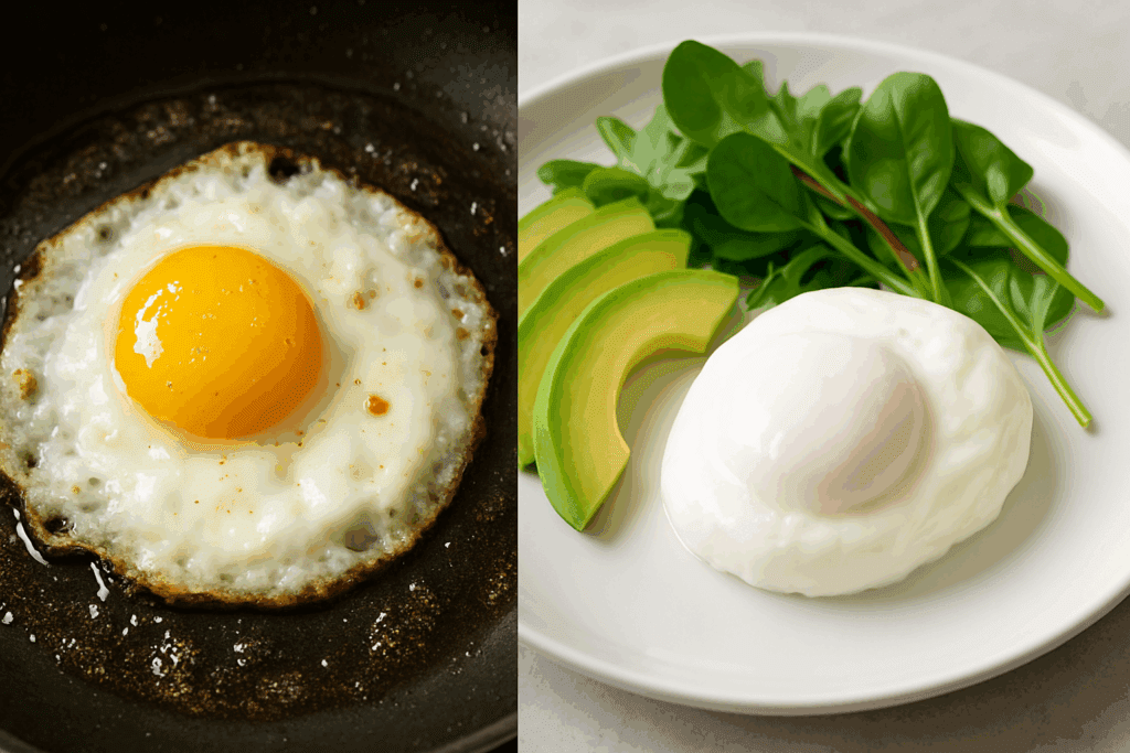 Split image showing a greasy fried egg versus a poached egg with greens and avocado, illustrating the question are eggs inflammatory