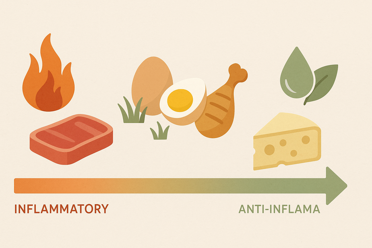 Infographic visually comparing animal proteins on an inflammation scale, addressing the question are eggs inflammatory by showing pasture-raised eggs between red meat and cheese using flame and leaf icons.