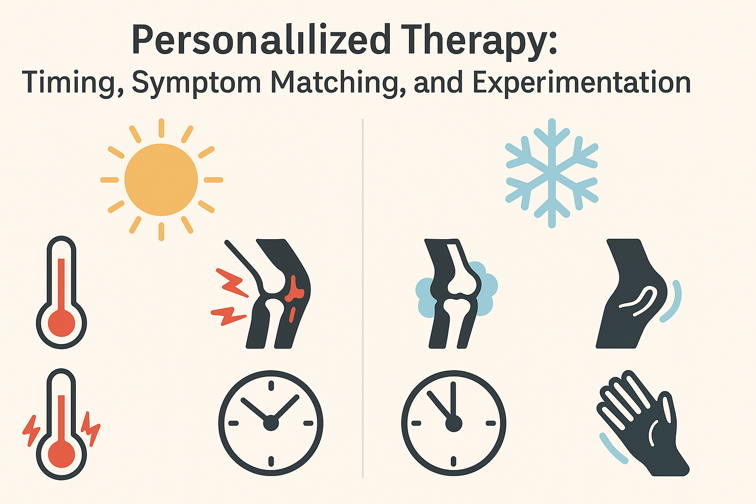 Infographic comparing when to use heat or ice for arthritis, visually answering is heat or ice better for arthritis based on symptoms like swelling, stiffness, and time of day