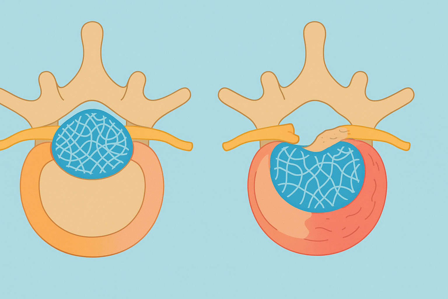 Diagram comparing healthy and degenerating spinal discs to show how the best anti inflammatory supplements for back pain support joint structure and reduce inflammation.
