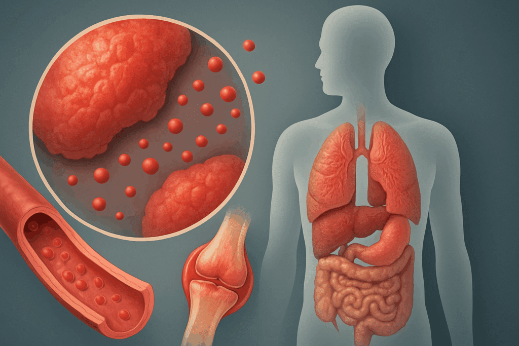 Medical illustration showing inflamed joints, arteries, and organs to explain how chronic inflammation affects the body, supporting mediterranean diet anti inflammatory benefits