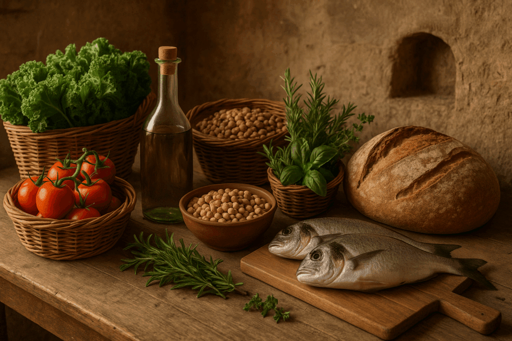 Fresh ingredients central to the mediterranean diet anti inflammatory lifestyle, including leafy greens, tomatoes, olive oil, legumes, herbs, fish, and rustic bread in a traditional kitchen setting.

