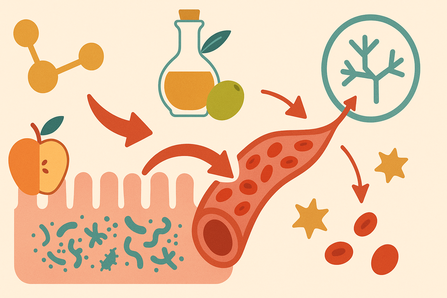 Conceptual illustration of how mediterranean diet anti inflammatory nutrients like olive oil, fiber, and omega-3s interact with gut microbiota to reduce inflammation in blood vessels.