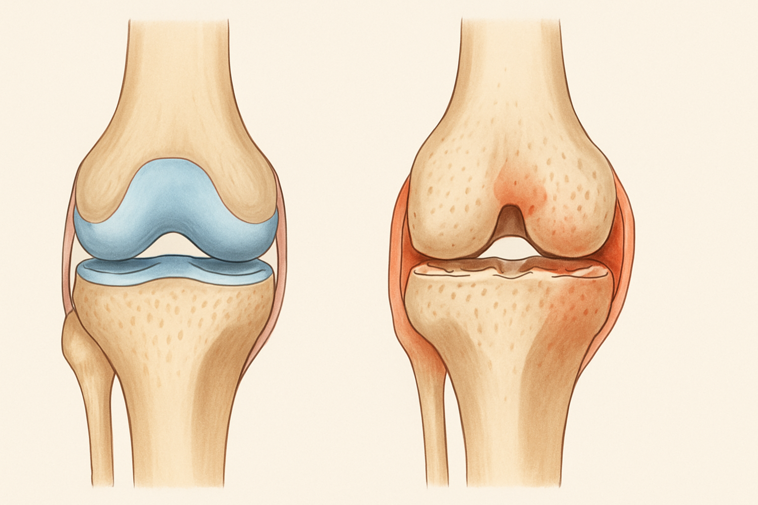 Cross-section of a healthy and arthritic knee joint showing cartilage loss, bone friction, and inflammation—illustrates how to relieve arthritis knee pain naturally.
