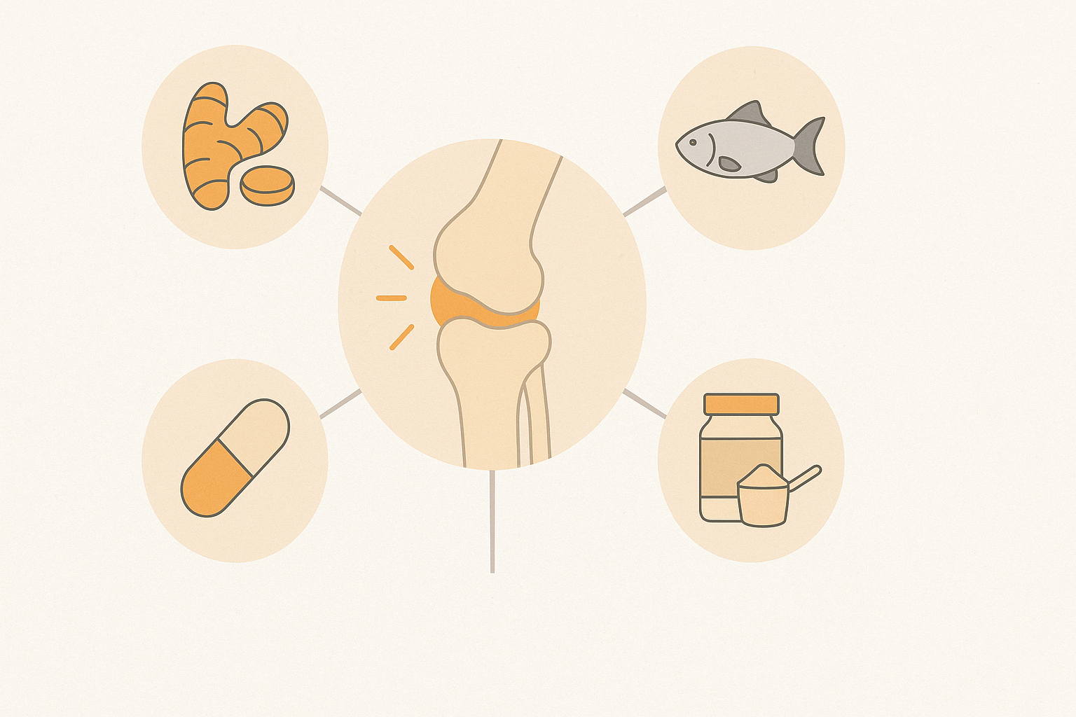 Infographic showing five natural supplements used in how to relieve arthritis knee pain naturally, including turmeric, fish oil, glucosamine, MSM, and collagen.