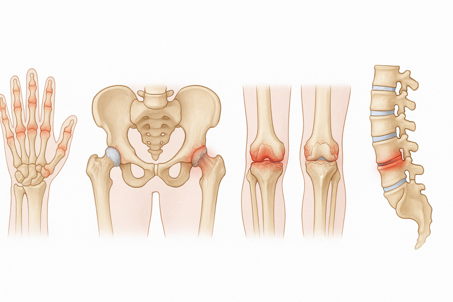 Medical illustration showing joint inflammation from osteoarthritis, rheumatoid arthritis, gout, and spine arthritis, supporting article on best over the counter arthritis medication