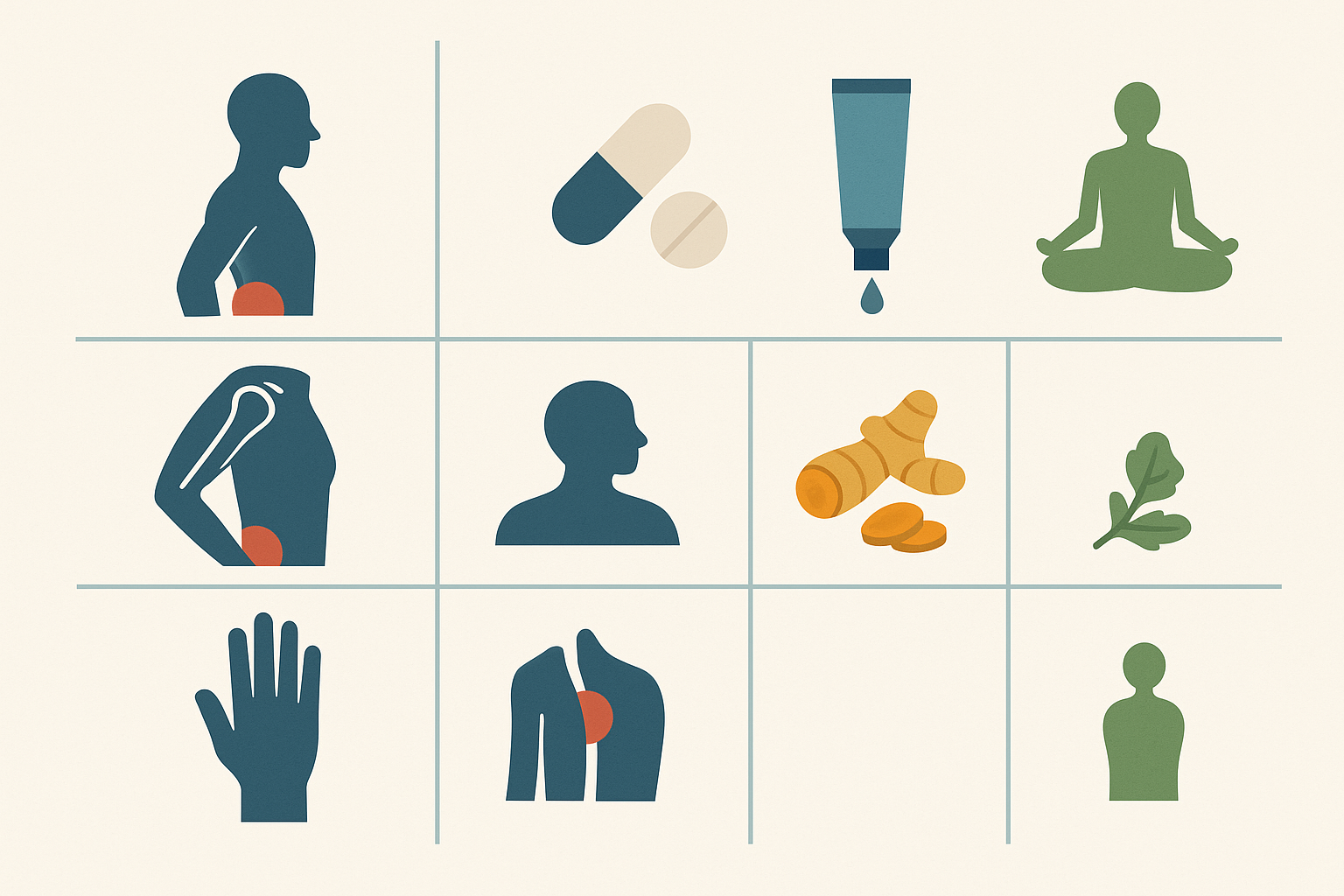 Visual comparison of the best over the counter arthritis medication and natural remedies for joint pain relief in hips, shoulders, back, and hands