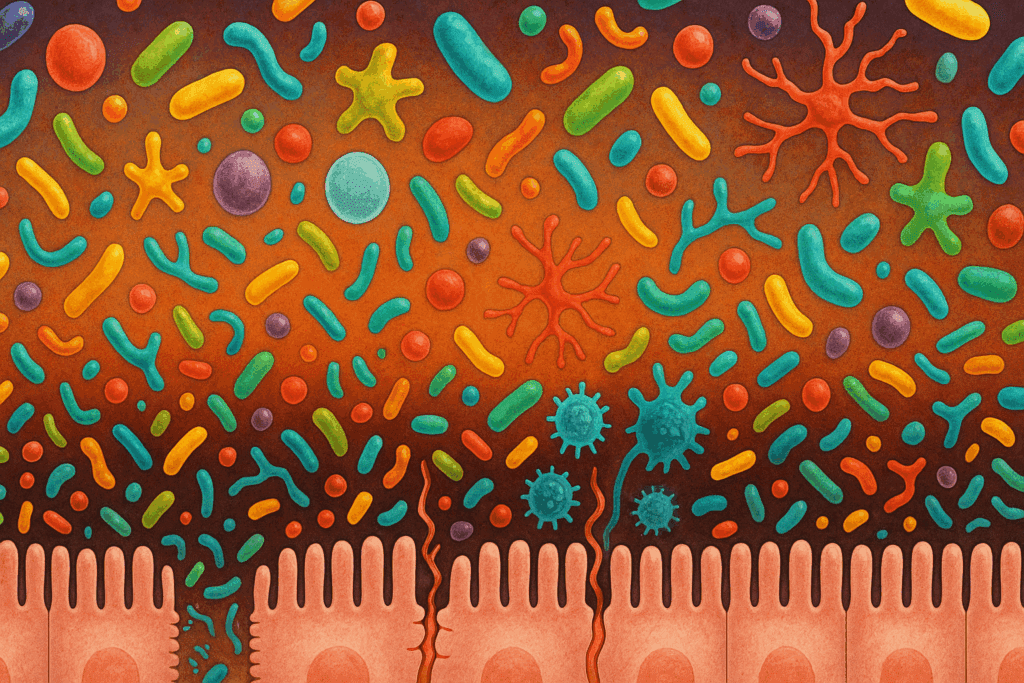 Cross-section of intestinal lining showing gut microbiome and immune response, illustrating effects of ulcerative colitis diet on gut inflammation