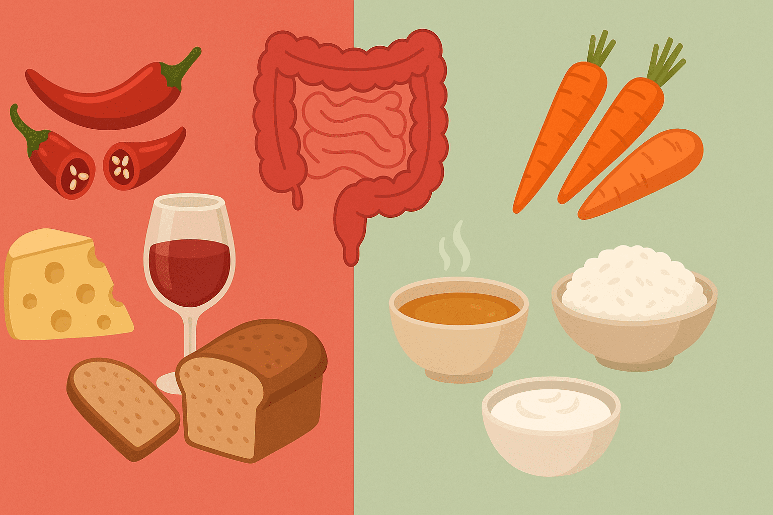 Visual comparison of common trigger foods and gut-friendly options for an ulcerative colitis diet, featuring spicy foods, alcohol, and dairy versus rice, broth, and carrots