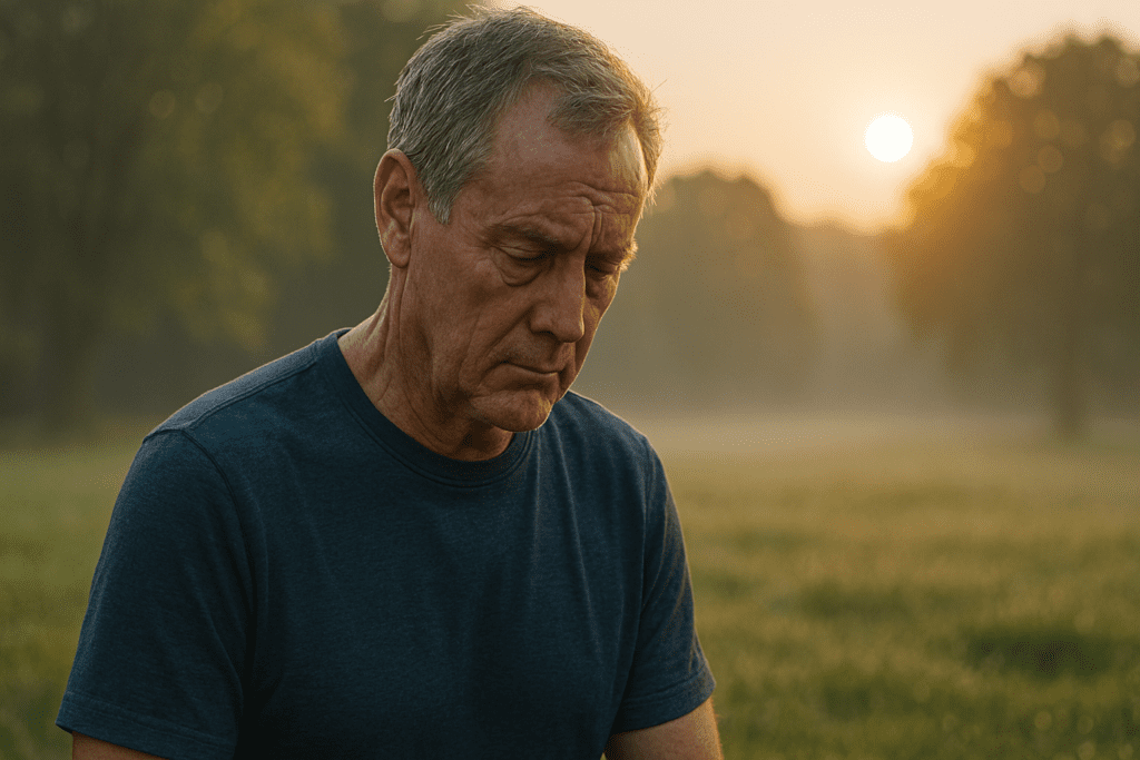 An older Caucasian man stands alone in a dewy morning field, gazing downward with a reflective expression. The soft golden sunlight and natural setting evoke introspection and health consciousness, visually symbolizing the article’s focus on the essential role mitochondria play in energy, aging, and cellular repair.