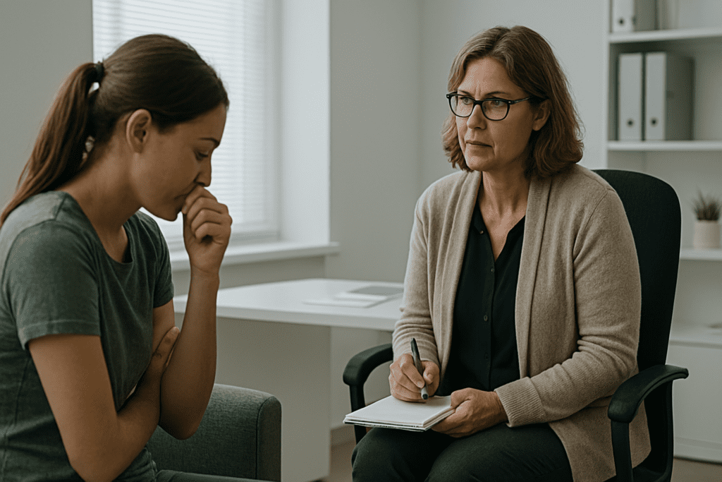 A therapist and a younger woman engage in a serious conversation inside a brightly lit office with cool fluorescent lighting, conveying emotional vulnerability. This intimate counseling moment symbolizes the deeper psychological and physical implications of mitochondrial dysfunction and cellular stress.
