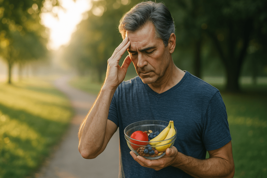 A middle-aged man with salt-and-pepper hair stands alone in a sun-drenched park holding a bowl of vibrant fruits and nuts, surrounded by trees and soft morning light. His introspective posture reflects the article’s theme of using nutrition as a technique to improve memory and enhance mental clarity.