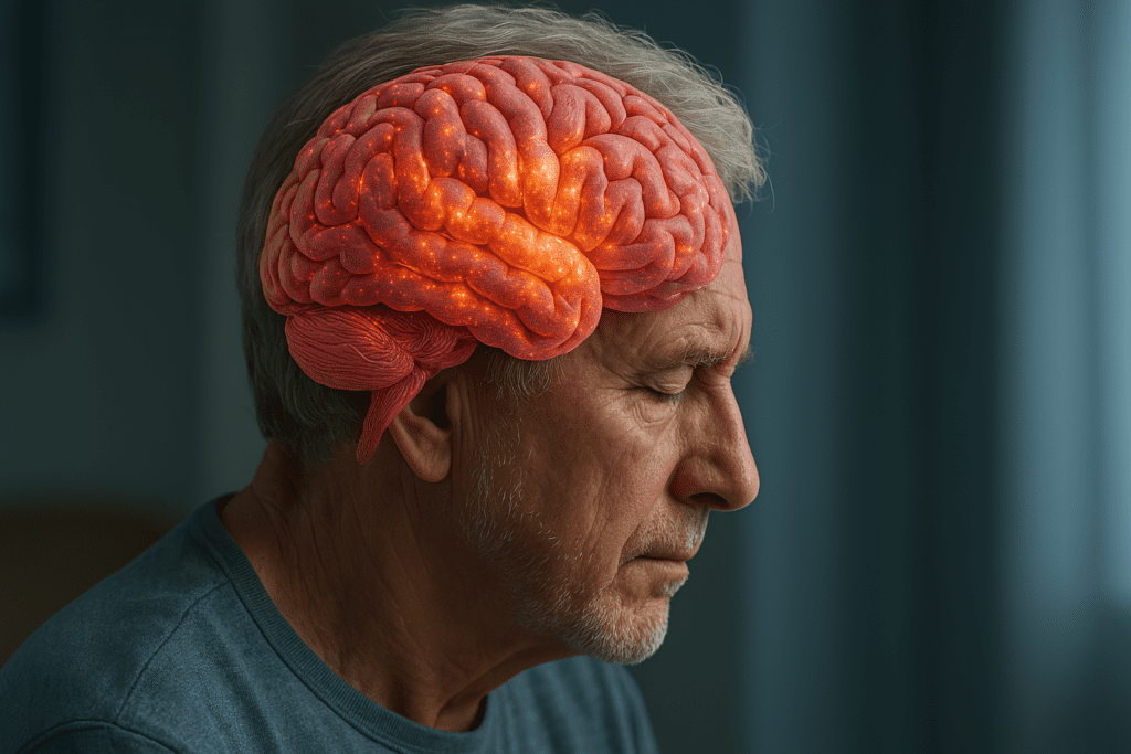 A high-resolution illustration of an older man in profile with a glowing, semi-transparent overlay of the brain showing active regions in the frontal and parietal lobes. The cool-toned background and thoughtful expression emphasize the article’s focus on brain function, cognitive health, and natural strategies to prevent memory loss.