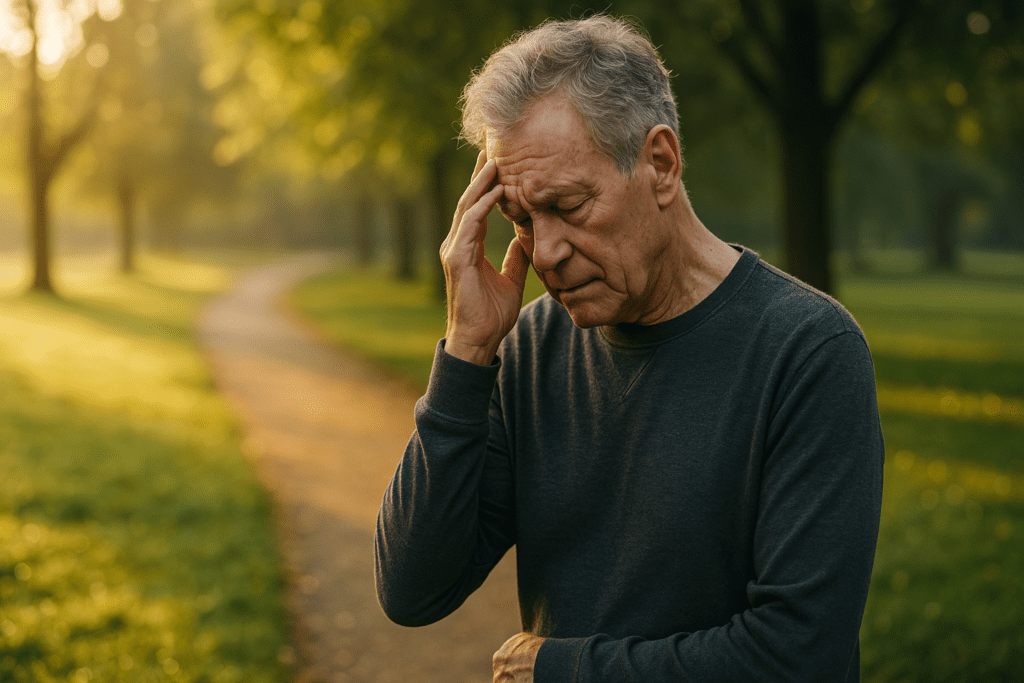 An elderly man stands alone in a park under the gentle light of sunrise, both hands pressed to his temples as he stares ahead in contemplation. The quiet setting and natural lighting reflect the emotional depth of cognitive concern, reinforcing the article’s message about early reflection and natural methods for preventing memory loss.