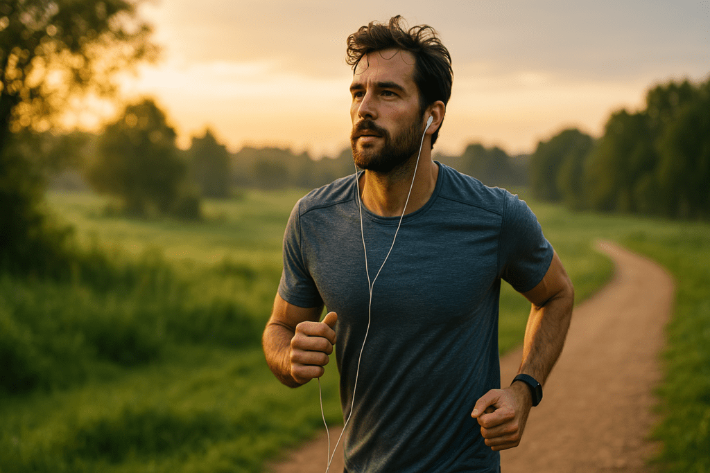 A young, athletic man jogs alone through a sunlit outdoor trail in early morning light, holding a banana and water bottle. His energized expression and movement reflect the article’s focus on natural stamina boosters like fruits and hydration for endurance.