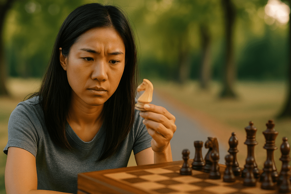 A young East Asian woman sits on a park bench at sunrise, writing in a notebook while surrounded by trees and soft morning light. Her focused demeanor and reflective posture symbolize the power of journaling and mindful solitude as effective brain exercises for improving memory and cognitive clarity.